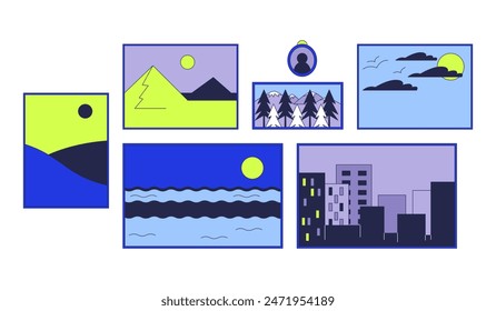 Framed paintings hanging 2D linear cartoon objects set. Landscape drawings for wall decoration isolated line vector elements white background. Interior color flat spot illustration collection