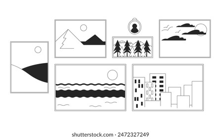 Framed paintings hanging black and white 2D line cartoon objects set. Landscape drawings for wall decoration isolated vector outline items collection. Interior monochromatic flat spot illustrations