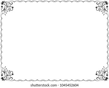 Framed pattern with swirl border elements and with leaves and flowers in corners, hand drawn vector illustration