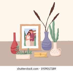 Framed photo of love couple. Family portrait of man and woman. Picture of husband and wife. Colored flat vector illustration of girlfriend and boyfriend memorable photography on desk