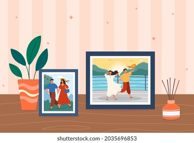 Framed photo on table. Framed photographs for memory. Family portraits kept. Most vivid impressions, summer vacation at sea. Couple recalls moments of their youth. Cartoon flat vector illustration