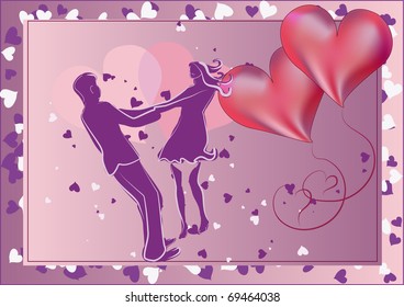 Framed picture of stylized falled in love man and woman dancing holding each other by the hands with two hearts near them.