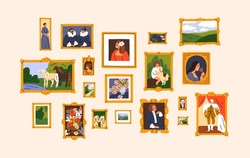 Framed Pictures, Family History, Memories On Wall. Multiple Medieval Paintings, Historic Portraits, Landscapes In Gallery Exhibition. Old Nostalgic Memorable Moments. Flat Vector Illustration
