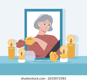 Framed portrait of an elderly woman surrounded by lit candles and flowers on a blue surface, in flat graphic style, symbolizing remembrance and mourning. Vector illustration