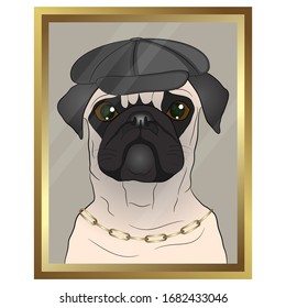 
framed portrait of a pug. cartoon vector illustration.