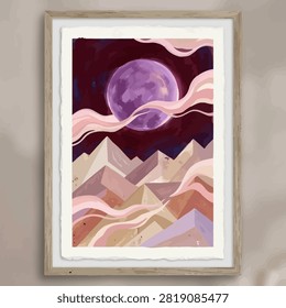Framed print of abstract desert peaks under a large moon. Minimalist nature art with soft pink and purple tones.