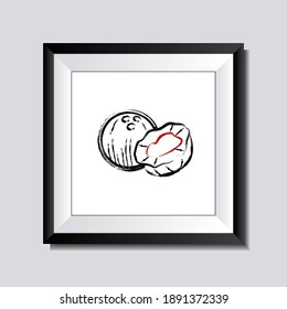 Pintura de coco con estilo de pincel japonés aislado en el marco realista. Dibujo vectorial de cubierta minimalista moderno. Huellas artísticas contemporáneas para colósticos de fruta