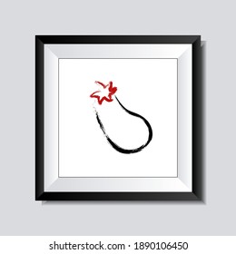 Framed print of eggplant wall art with Japanese brush stroke style in black and red.