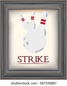 Framed retro bowling poster with pins and a bowling ball on an old paper background including strike typography