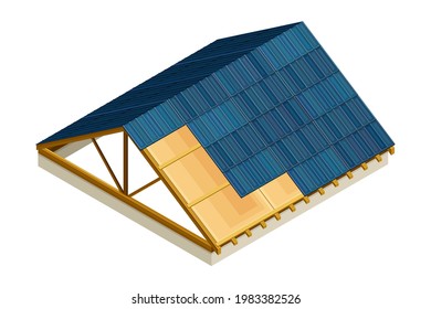 Framed Roof as House Top Covering with Tile Coating Isometric Vector Illustration