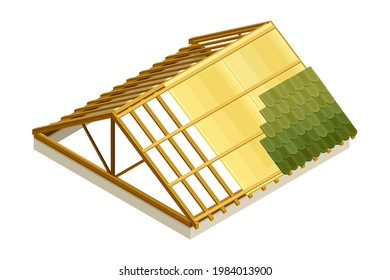 Framed Roof as House Top Covering with Tile Overlapping Isometric Vector Illustration