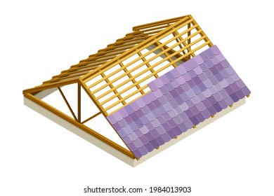 Framed Roof as House Top Covering with Tile Overlapping Isometric Vector Illustration