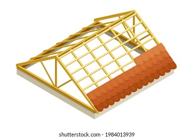 Framed Roof as House Top Covering with Tile Overlapping Isometric Vector Illustration