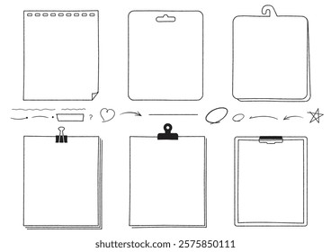 Framed set of Hand-drawned notes, memo and notebooks. Sticky notes, binders, paper.