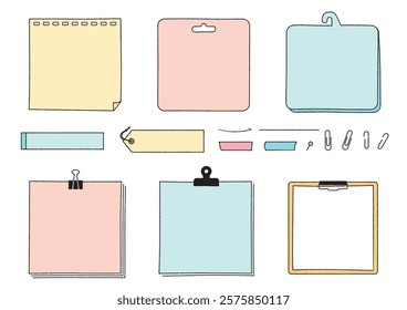 Framed set of Hand-drawned notes, memo and notebooks. Sticky notes, binders, paper.