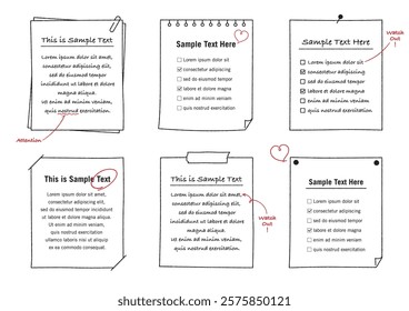 Framed set of Hand-drawned notes, memo and notebooks. Sticky notes, binders, paper.