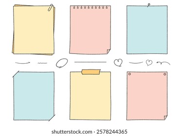 Framed set of Hand-drawned notes, memo and notebooks. Sticky notes, binders, paper.
