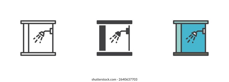 Framed shower stall icon vector pack in line, solid, and colorful filled outline style. Bathroom interior and hygiene symbol in three design styles.