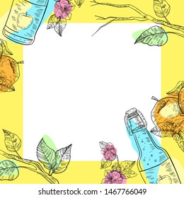Framed vector illustration with apples and bottles with apple cider in bright colors. Hand drawn.