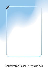 Framed view of a bird flying through a cloudy sky with room for copy