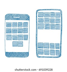 Frameless cell phones, screens with apps labels, hand drawn vector