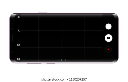 Frameless cellphone mock up with camera app screen. Vector illustration