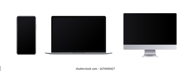 Frameless device set, realistic mobile phone, laptop and computer with blank screen in modern style. Front view for show responsive website design or ux ui app or presentate your product.