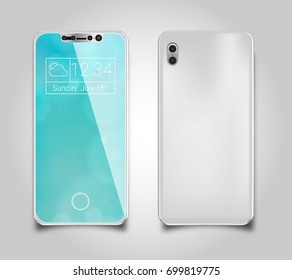 Frameless futuristic smartphone with glossy screen in silver color, front & back, Iphone 8 svg