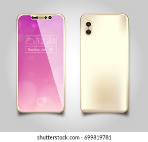 Frameless futuristic smartphone with glossy screen in gold color, front & back, Iphone 8 svg
