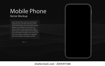 Frameless mobile phone vector mockup template with black screen and dark colored abstract background.