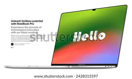 frameless silver laptop with a colored screen, isolated on a white background. realistic mockup of a new notebook with shadow. vector 3d isometric illustration