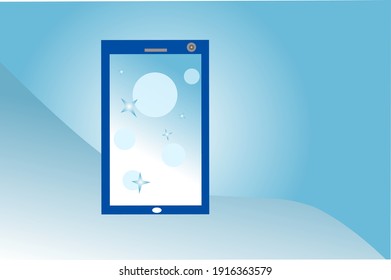A frameless smartphone with a blank screen that stands on a marble podium, against a background of abstract curves of geometric shapes.