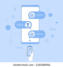 Frameless smartphone in hand icon flat design. Chatbot in modern smartphone chating with client. Blue line icons of: idea, light bulb, customers, music, volume, search, like, location.