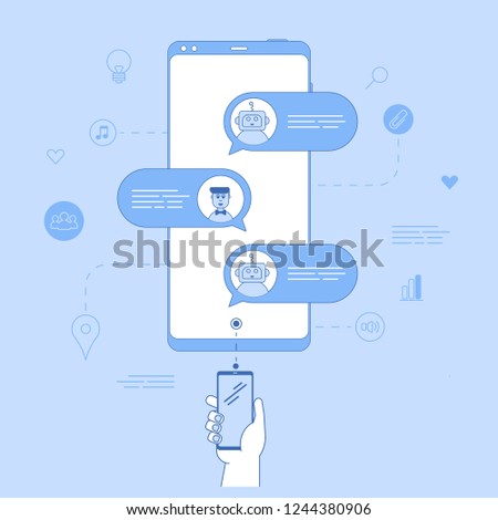 Frameless smartphone in hand icon flat design. Chatbot in modern smartphone chating with client. Blue line icons of: idea, light bulb, customers, music, volume, search, like, location.