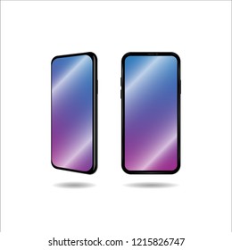 Frameless smartphone Isolated image Vector illustration Modern cell phone with frameless glass touch screen Template in front view and three-quarter view