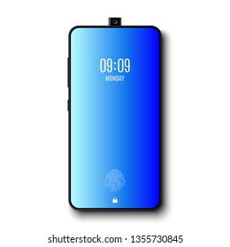 Frameless smartphone with retractable front camera and fingerprint scanner. Vector illustration.