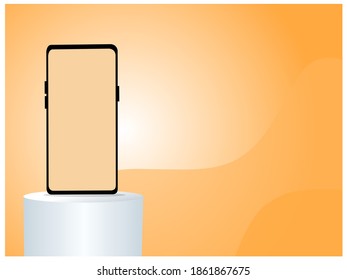 A frameless smartphone with a transparent display that stands on a marble podium, against a background of abstract curves of geometric shapes. vector, color gradient