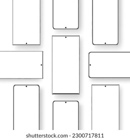 Frameless Smartphones Mockups With Blank Horizontal, Vertical Screens for Showing App Designs, Isolated on White Background. Vector Illustration