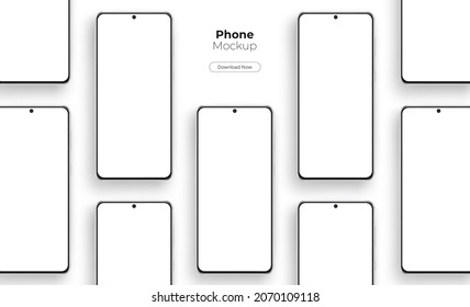 Mockups de smartphones sin marco con pantallas en blanco para mostrar el diseño de aplicaciones, aisladas en fondo blanco. Ilustración vectorial