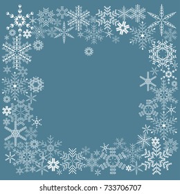 Frame-pattern of snowflakes on light blue background. Vector illustration.