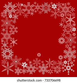 Frame-pattern of white snowflakes on red background. Vector illustration.