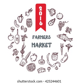 Framers market hand drawn background or banner with grocery, vegetables and fruits. Vector graphic.