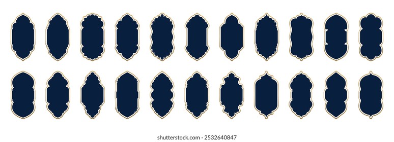 Marcos de estilo árabe con borde de contorno de oro. Ventanas de arco árabe. Marcos islámicos. Marco y etiqueta en blanco. Marco elegante de la colección de Ramadan Kareem, banderas de las promociones y de la publicidad, sistema islámico del marco
