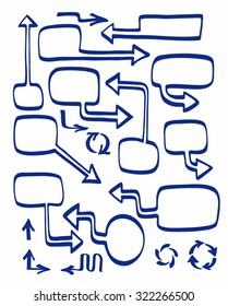 Frames and arrows, blue marker, hand-drawn, white background. Frame with arrows hand-drawn with a blue marker on a white background. For infographics, print and websites. 