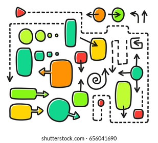 Frames and arrows, colored, black outline, white background, vector. Colored frame for the text and the dashed arrows of different shapes. Black, thin outline for the framework is shifted to the side.