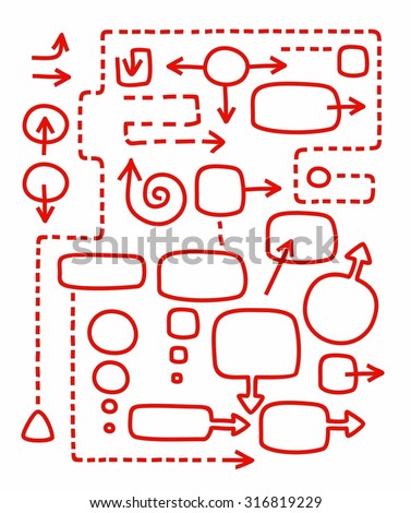Frames and arrows for infographic. Red arrows and frames on white background. Drawn by hand. For infographics and diagrams. 