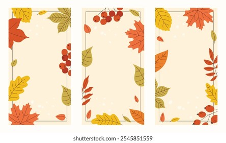 Frames with autumn leaves. Harvest time. Beautiful autumn elements. Color fashion illustrations. Vector illustration