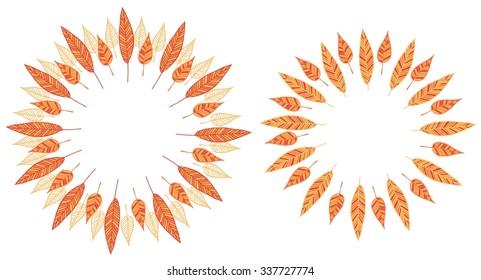 Frames with autumn leaves in yellow, red and orange colors. Wreaths in decorative style.