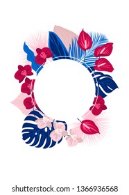 
Frames and backgrounds with tropical leaves and flowers, vector
