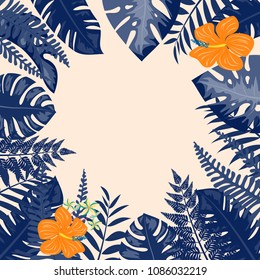 Frames of banana leaves, palm leaves and monstera. A tropical forest.